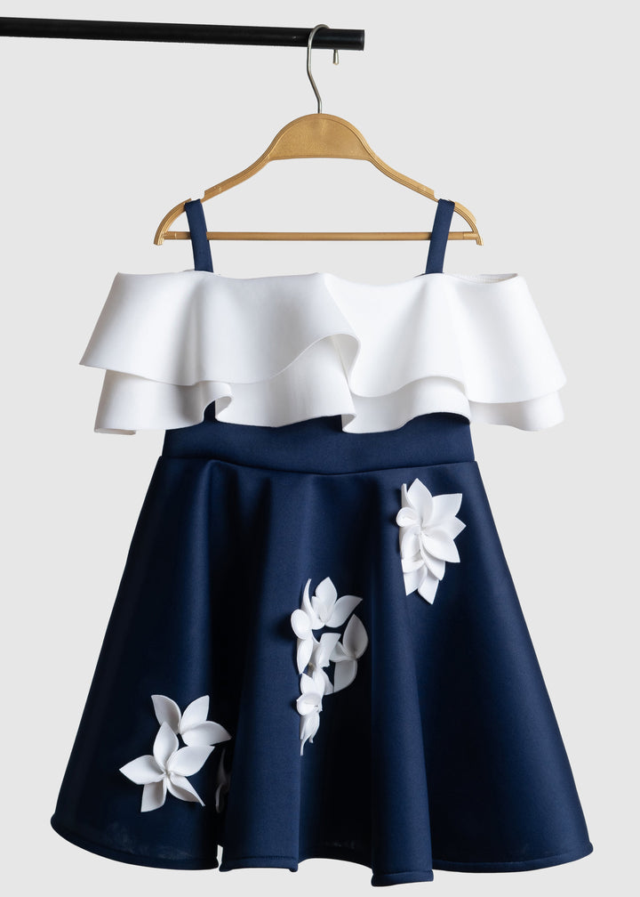 Off White And Navy Blue Neoprene Handmade Flowers Dress