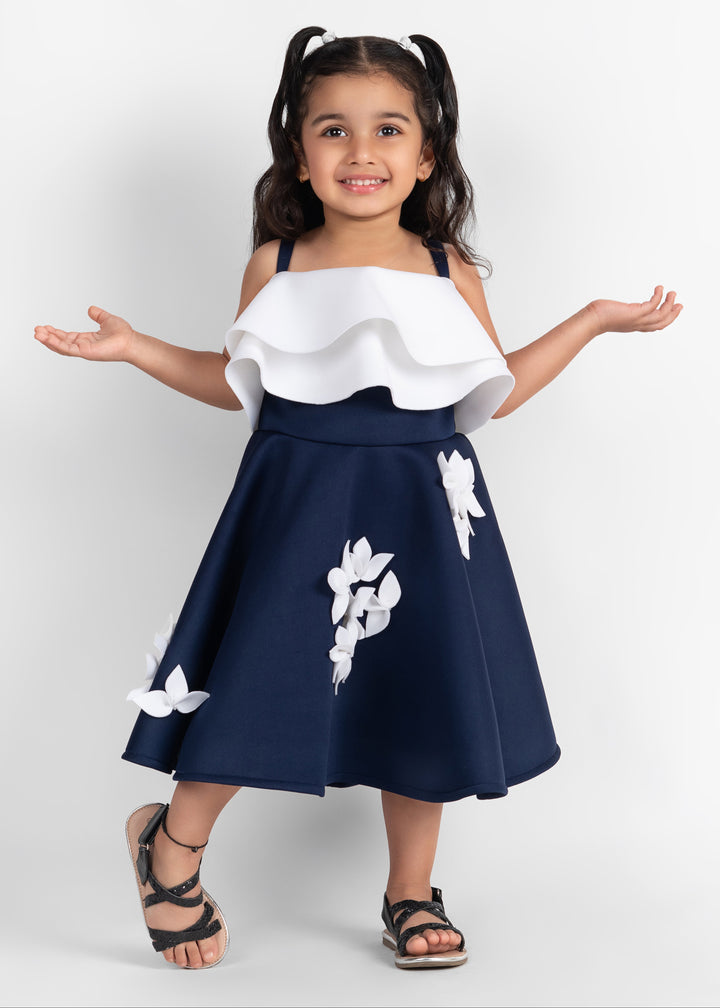 Off White And Navy Blue Neoprene Handmade Flowers Dress