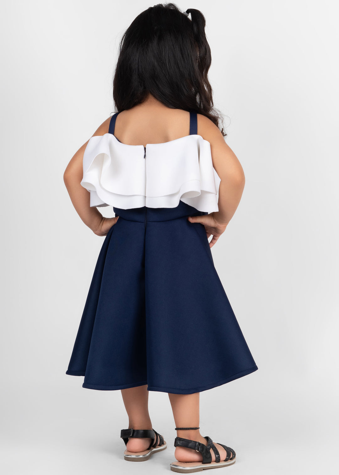 Off White And Navy Blue Neoprene Handmade Flowers Dress