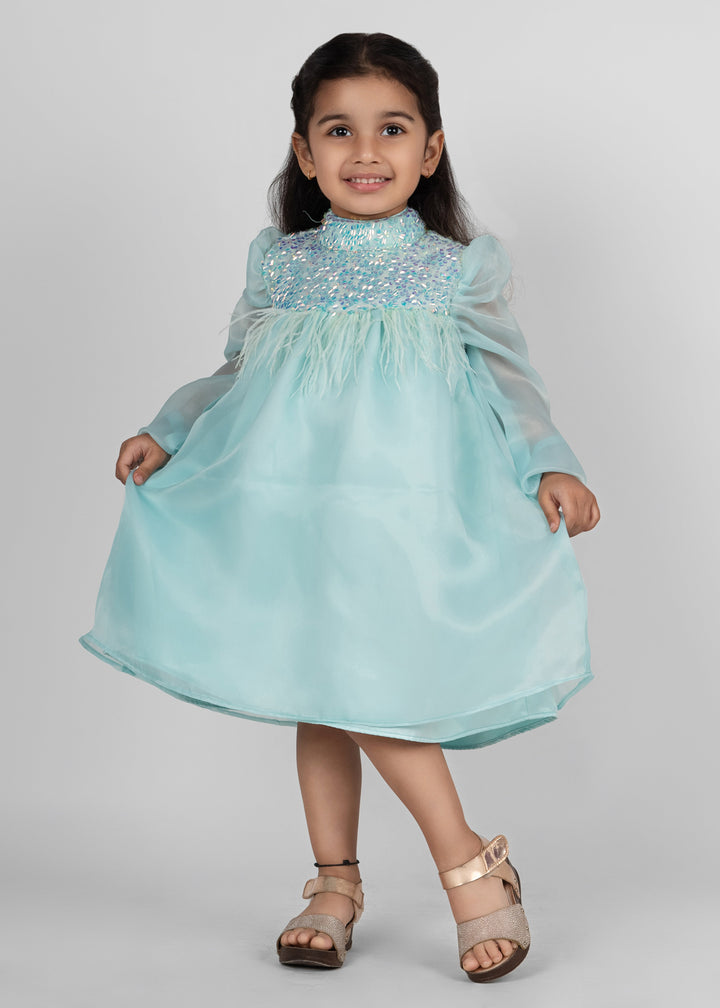 Sea green Organza Sequence Puff Sleeves Dress