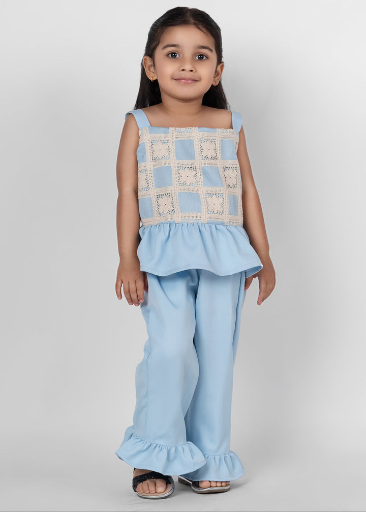 Sky Blue Banana Crepe Beautiful Sleeveless Top With Plain Pant Set