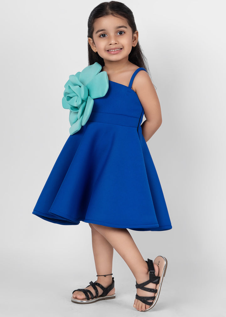 Royal Blue Big Flower Detailing Off Shoulder Neoprene Dress