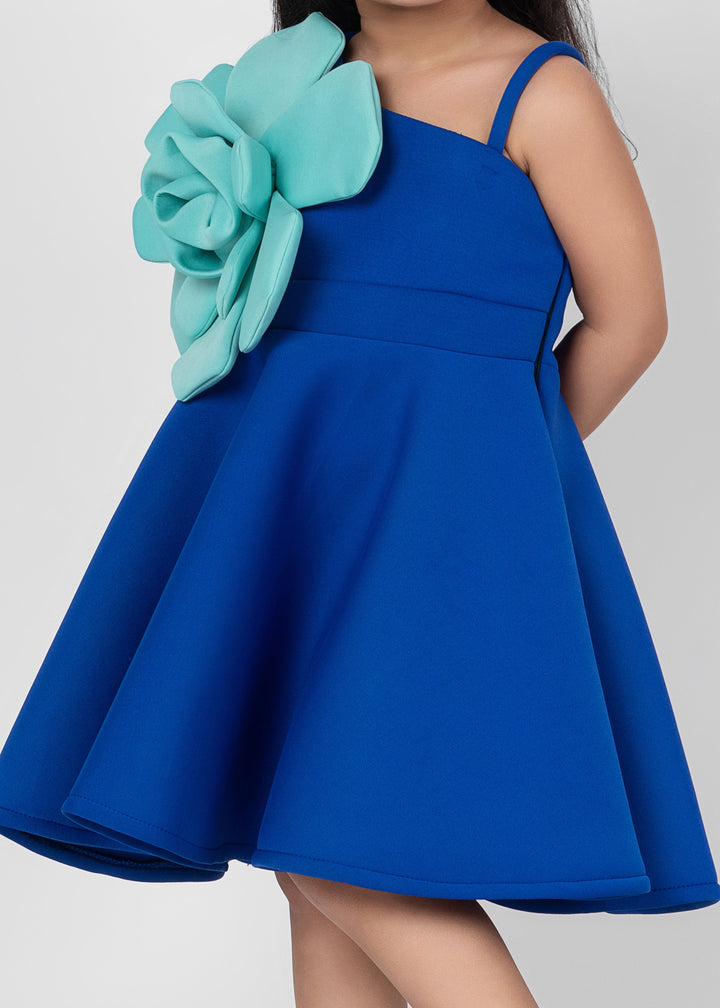 Royal Blue Big Flower Detailing Off Shoulder Neoprene Dress