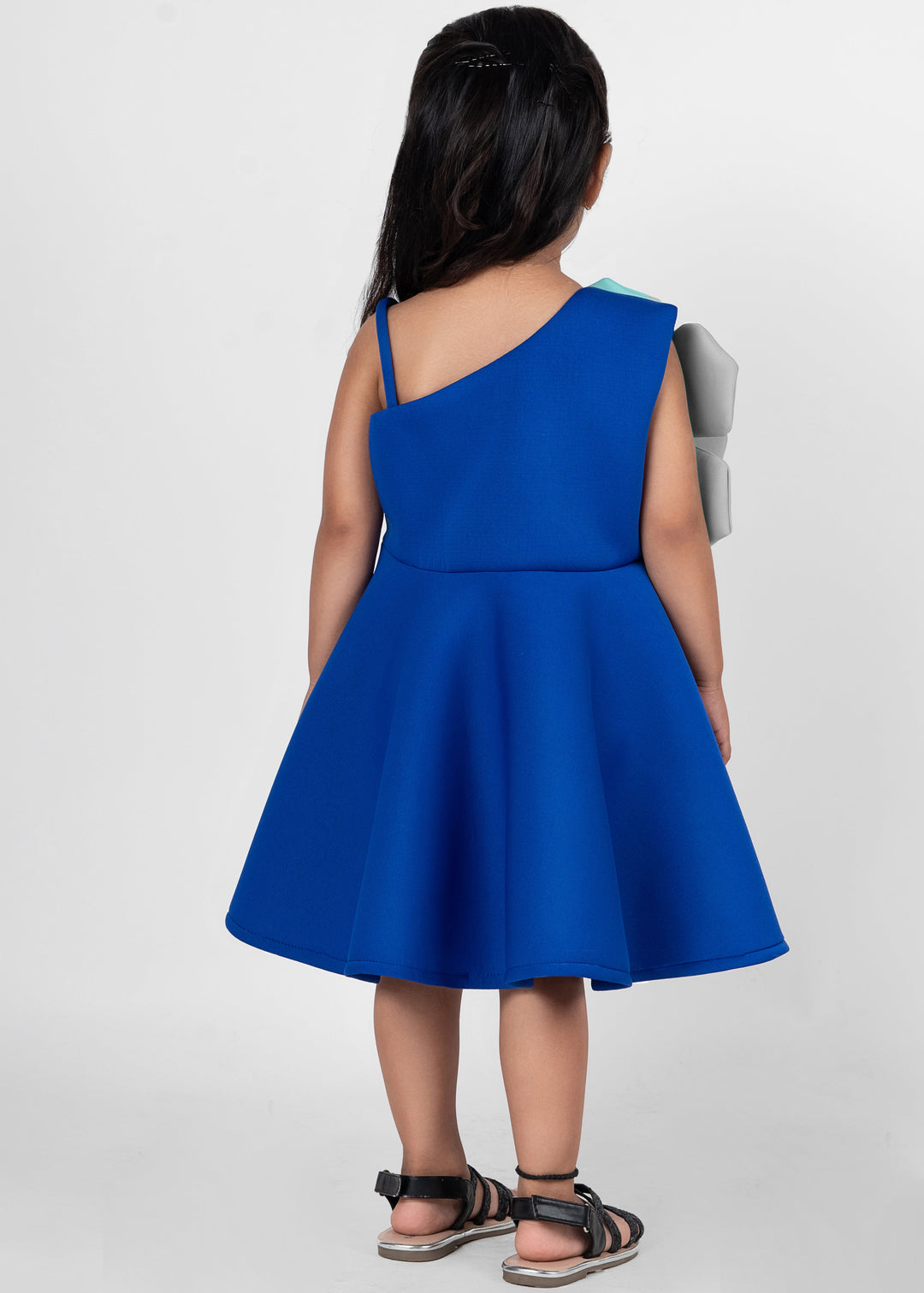 Royal Blue Big Flower Detailing Off Shoulder Neoprene Dress