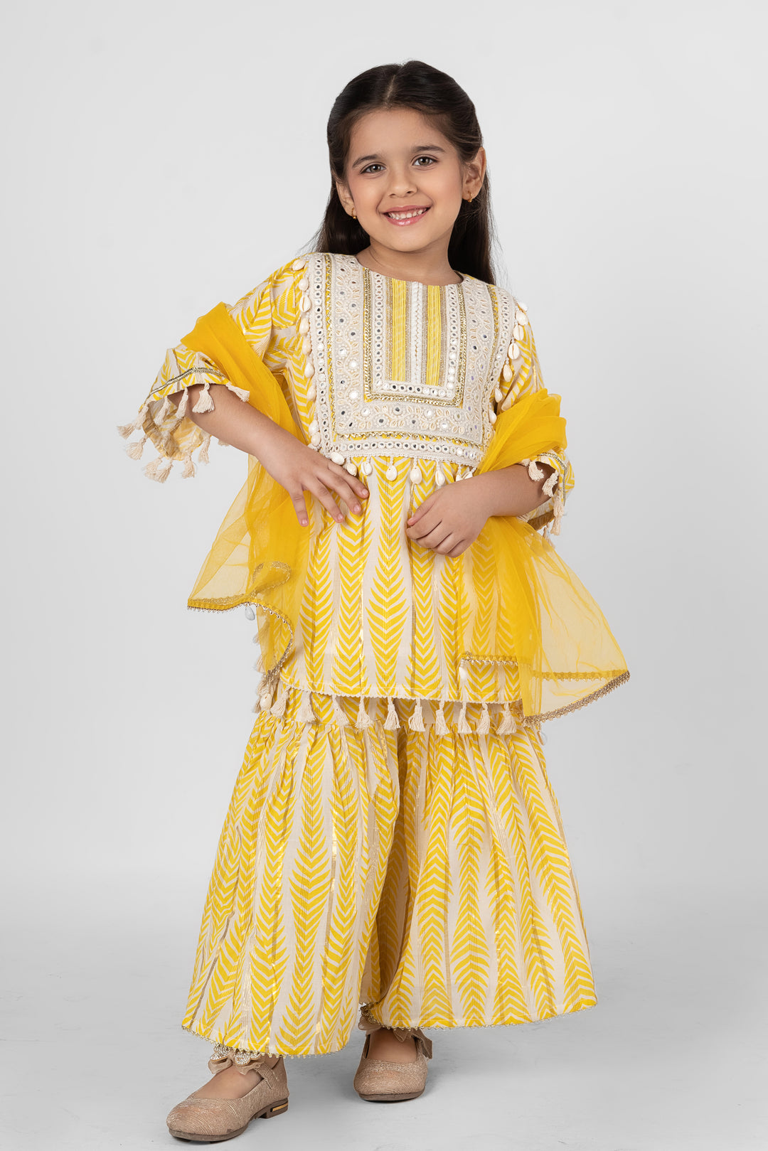 Yellow Cotton Lace Detailing Kurta Sharara With Dupatta Set