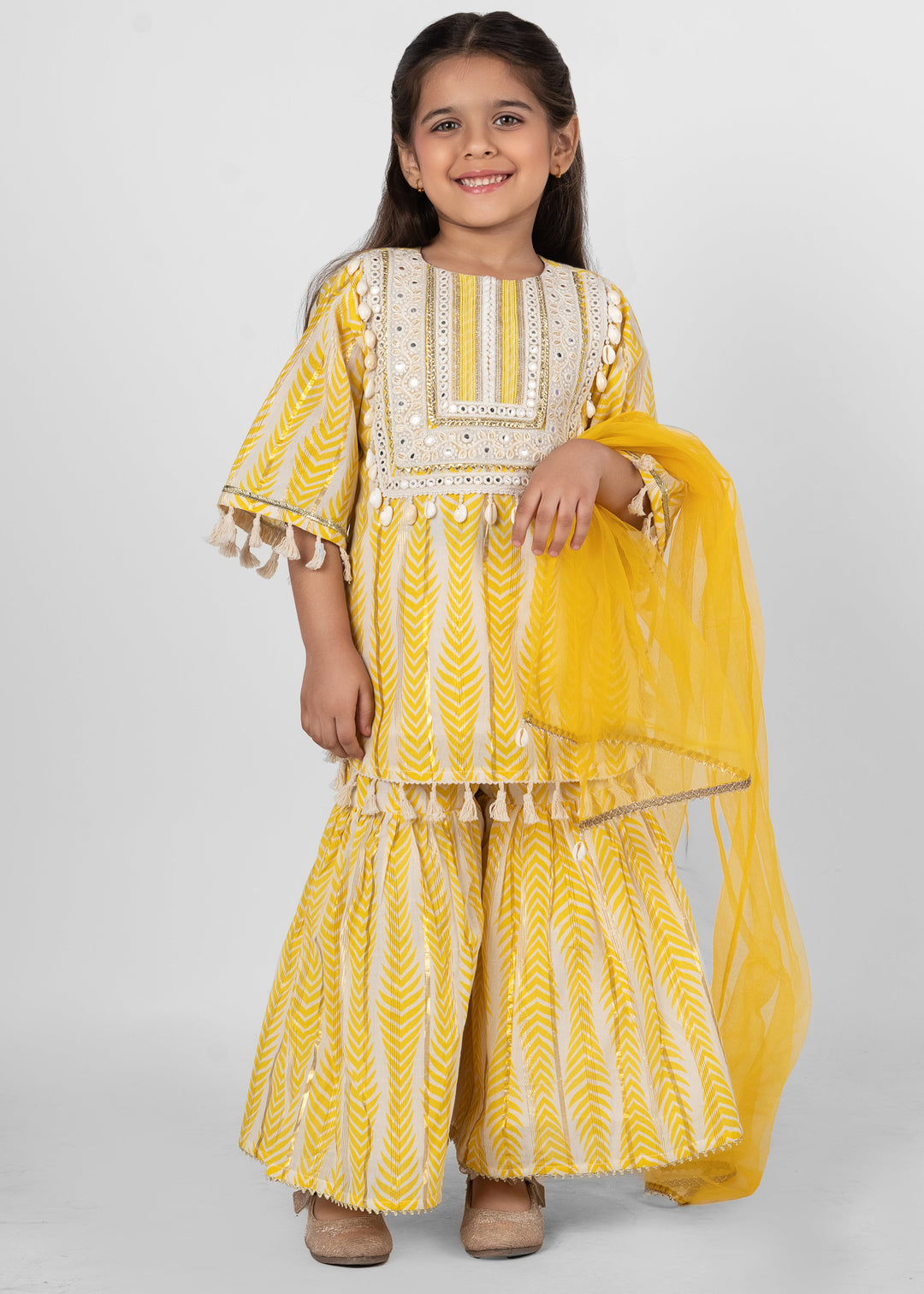Yellow Cotton Lace Detailing Kurta Sharara With Dupatta Set