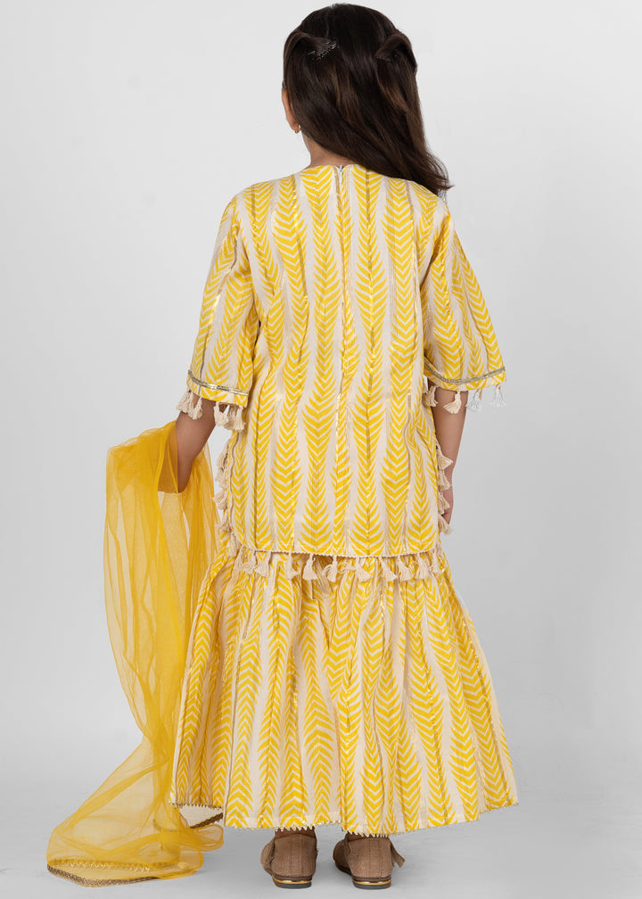 Yellow Cotton Lace Detailing Kurta Sharara With Dupatta Set