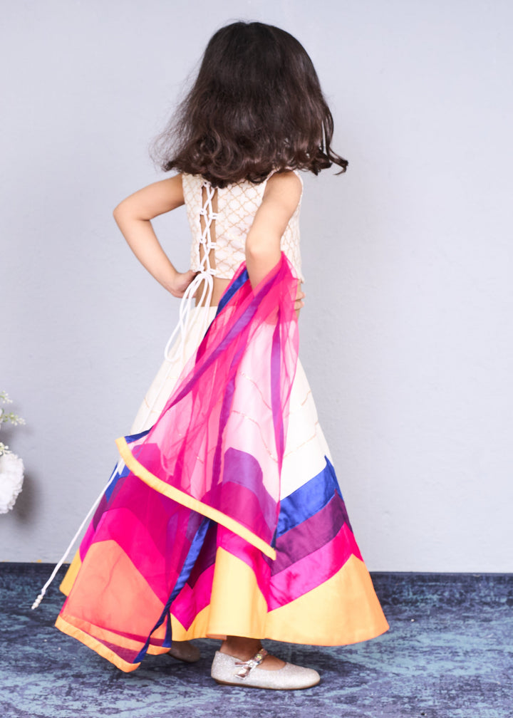 White And Pink Net Taffeta Ghagra Choli With Dupatta Set