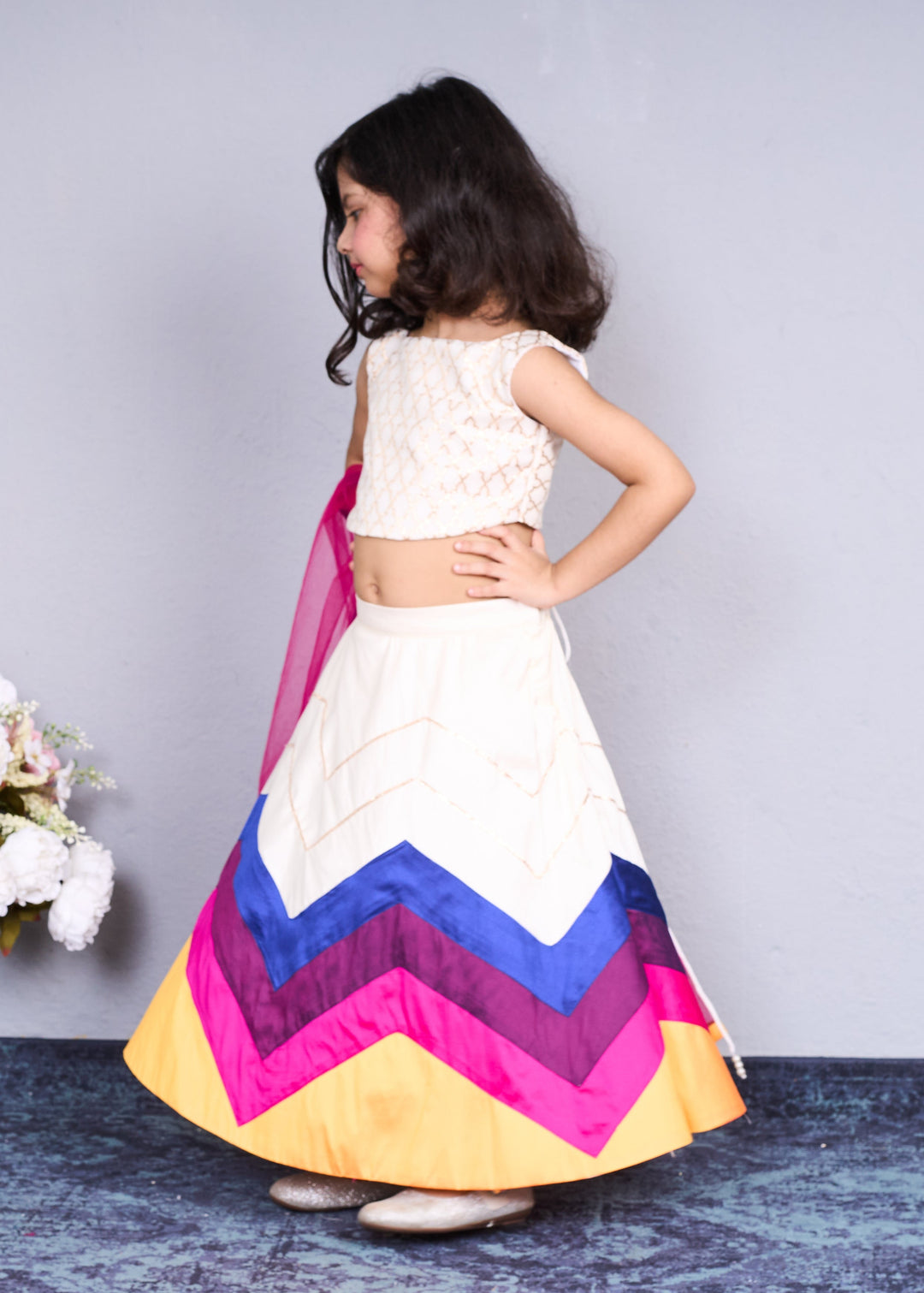 White And Pink Net Taffeta Ghagra Choli With Dupatta Set