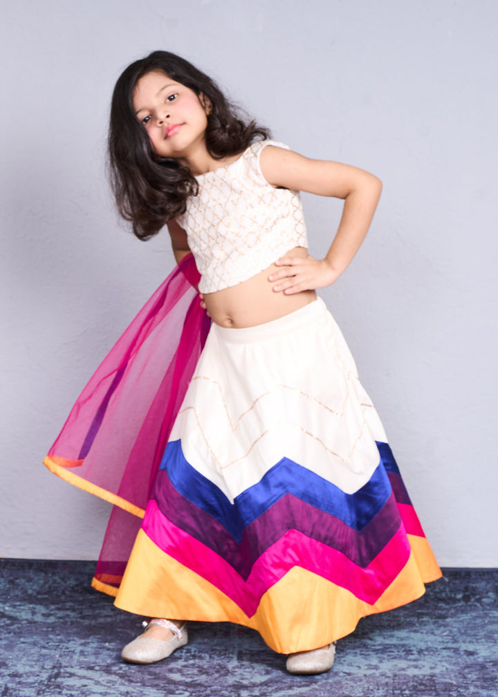 White And Pink Net Taffeta Ghagra Choli With Dupatta Set
