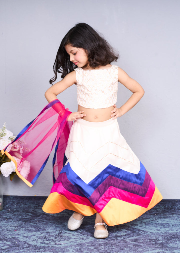 White And Pink Net Taffeta Ghagra Choli With Dupatta Set