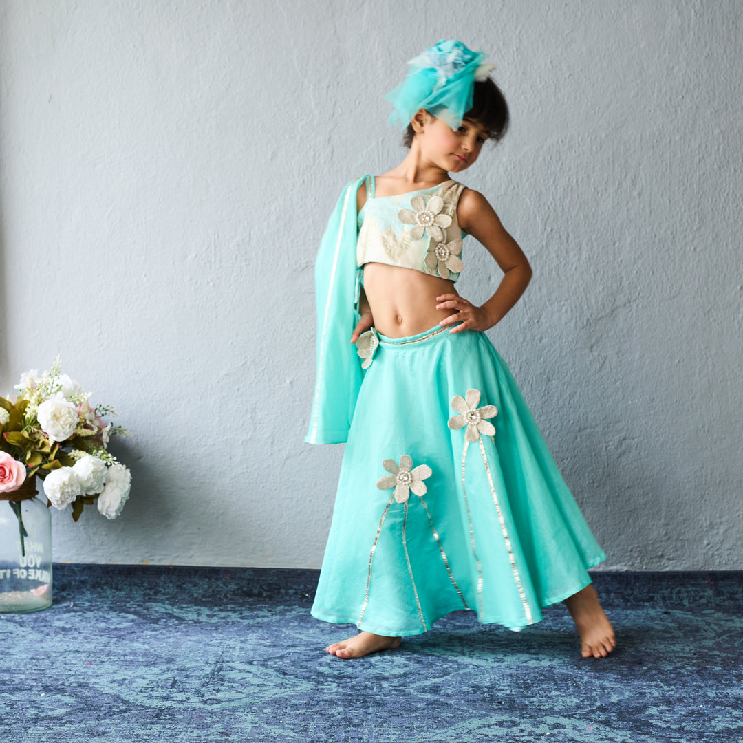 Aqua Blue Floral Chanderi Ghagra Choli With Dupatta Set