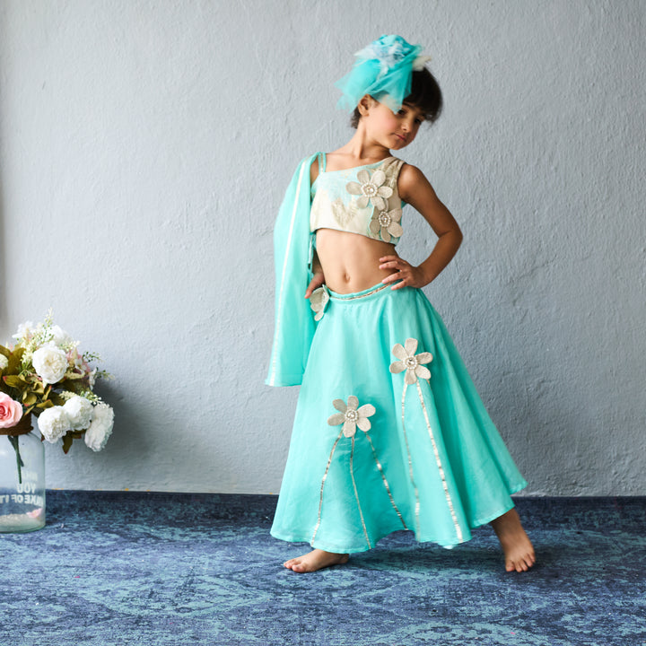 Aqua Blue Floral Chanderi Ghagra Choli With Dupatta Set