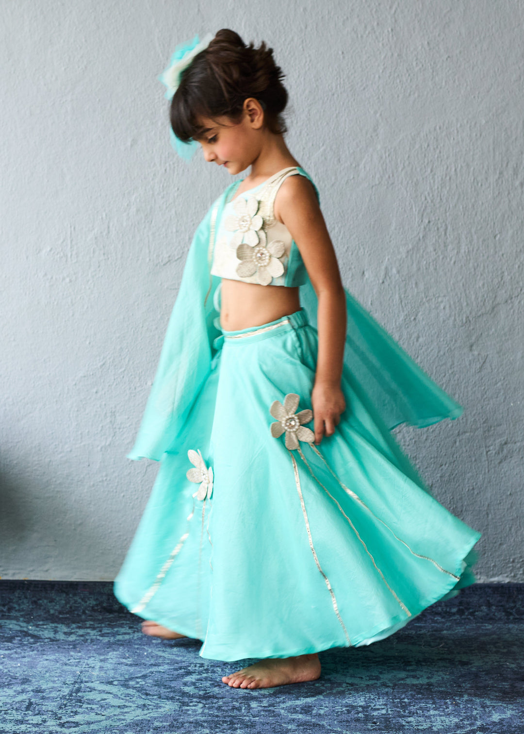 Aqua Blue Floral Chanderi Ghagra Choli With Dupatta Set