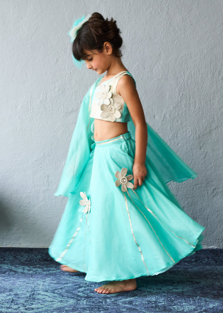 Aqua Blue Floral Chanderi Ghagra Choli With Dupatta Set