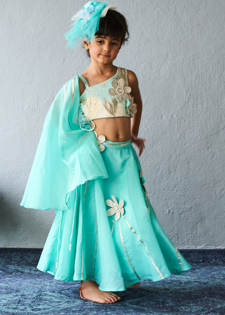 Aqua Blue Floral Chanderi Ghagra Choli With Dupatta Set