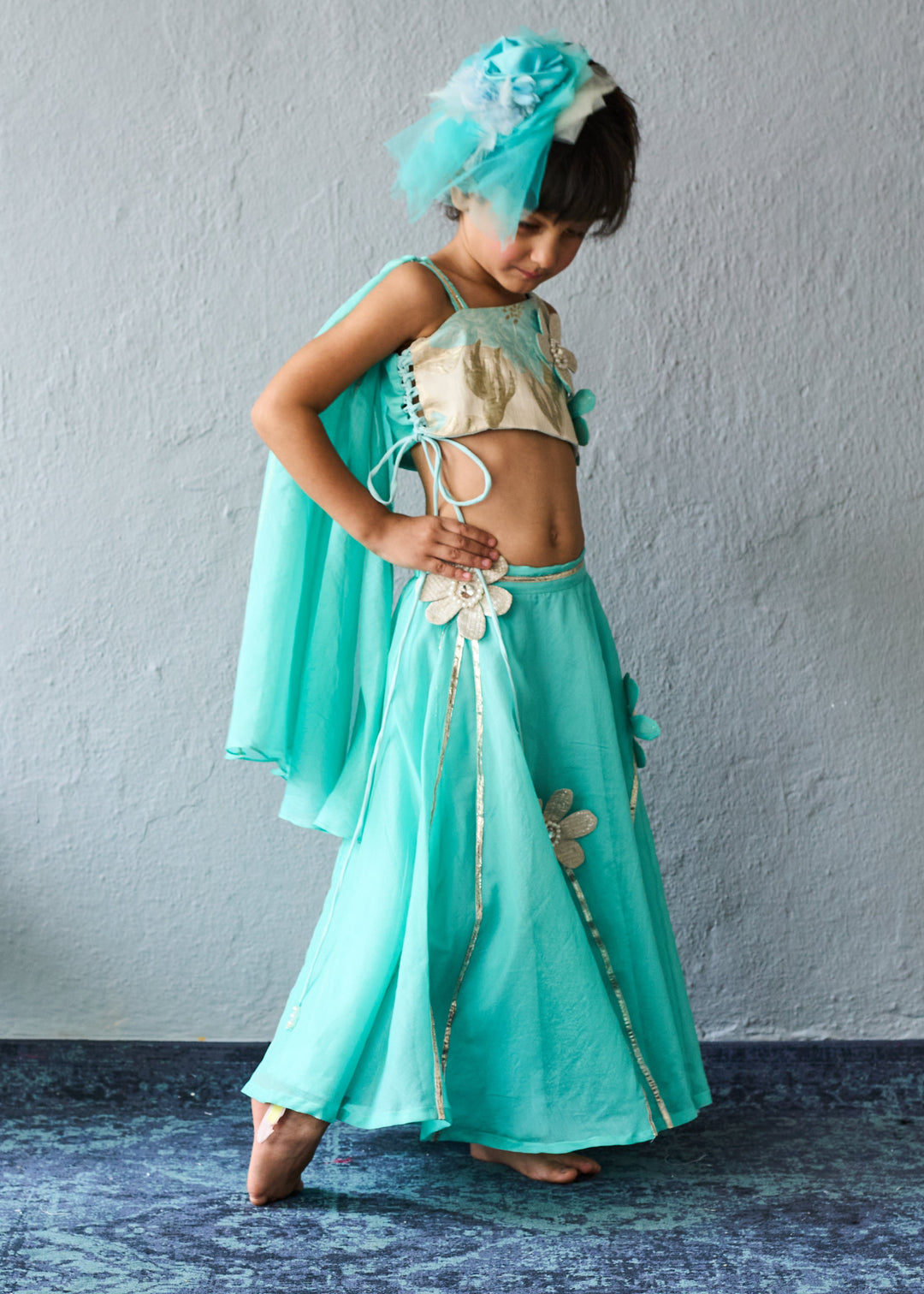 Aqua Blue Floral Chanderi Ghagra Choli With Dupatta Set