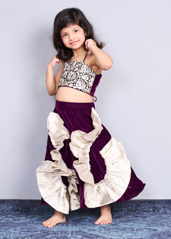 Deep Purple Gold Embroidered Crop Top With Jacket And Ruffle Lehenga Set