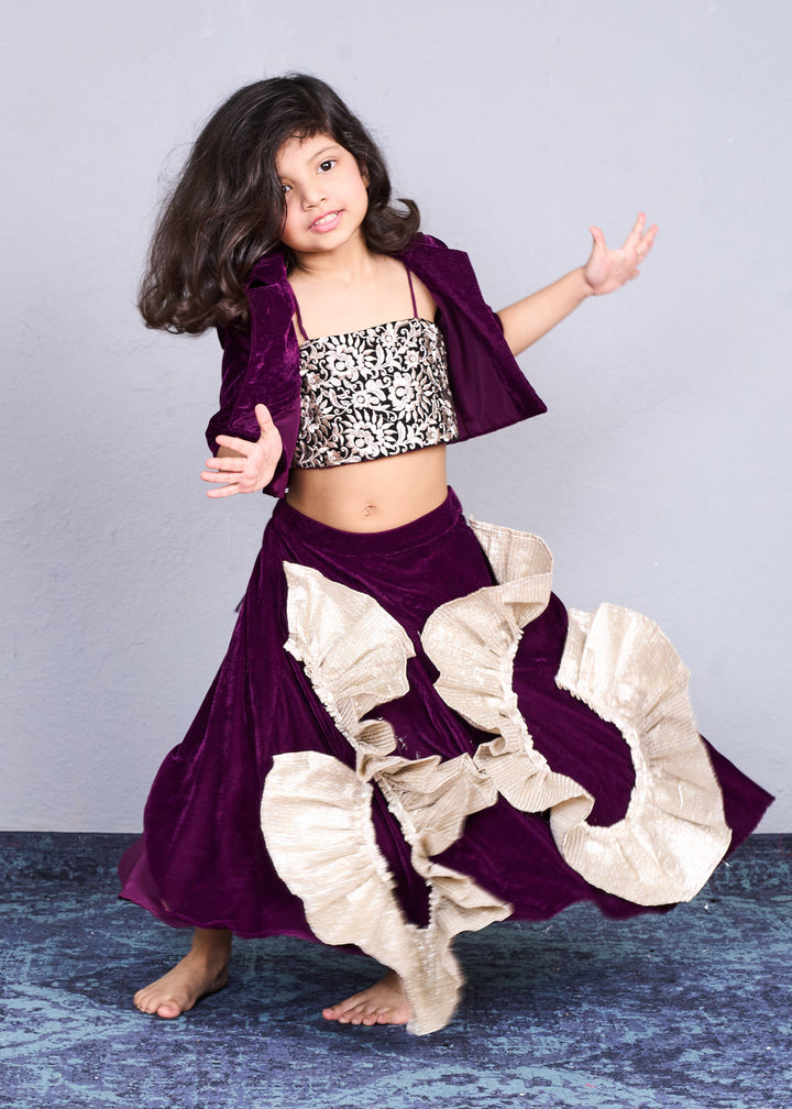 Deep Purple Gold Embroidered Crop Top With Jacket And Ruffle Lehenga Set