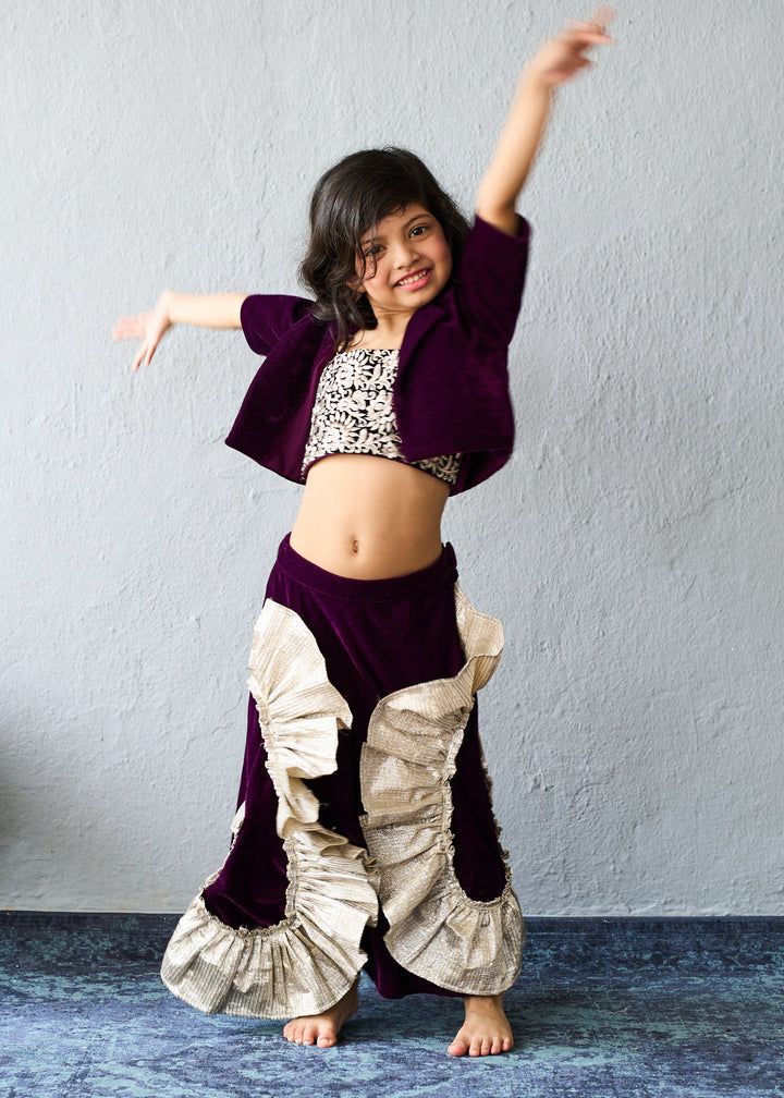 Deep Purple Gold Embroidered Crop Top With Jacket And Ruffle Lehenga Set