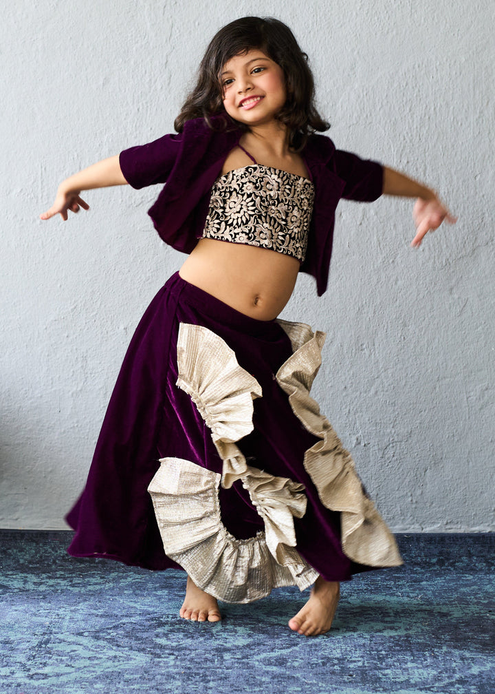 Deep Purple Gold Embroidered Crop Top With Jacket And Ruffle Lehenga Set