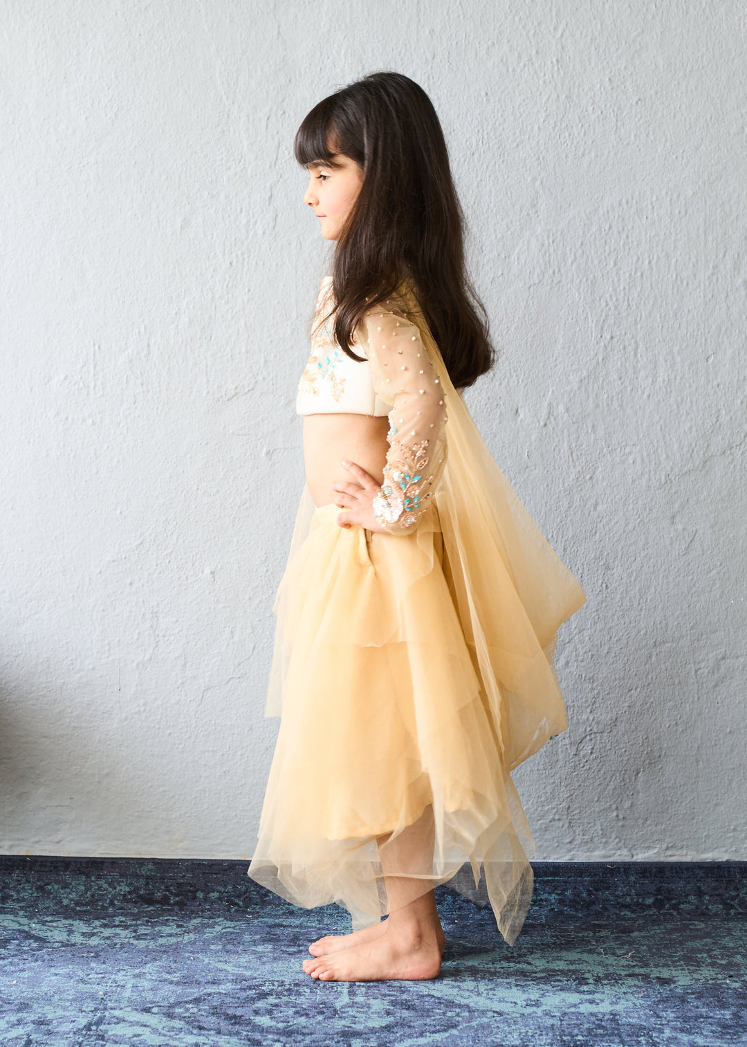 Cream Gold Embroidered Crop Top With Net Layered Skirt Set