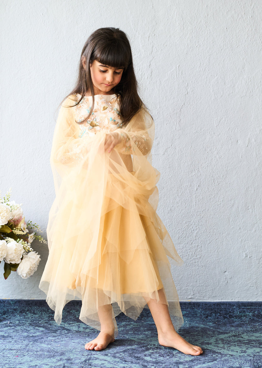 Cream Gold Embroidered Crop Top With Net Layered Skirt Set