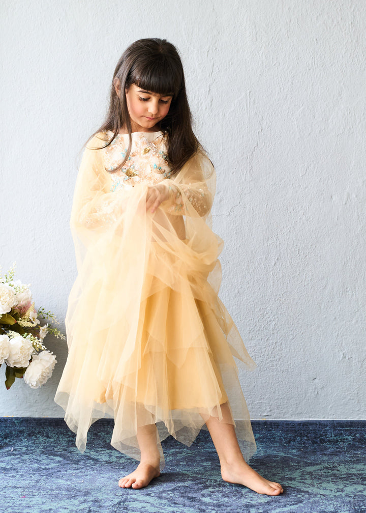 Cream Gold Embroidered Crop Top With Net Layered Skirt Set