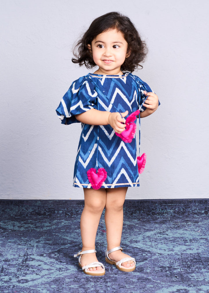 Navy Blue Zig Zag Indigo Print Dress