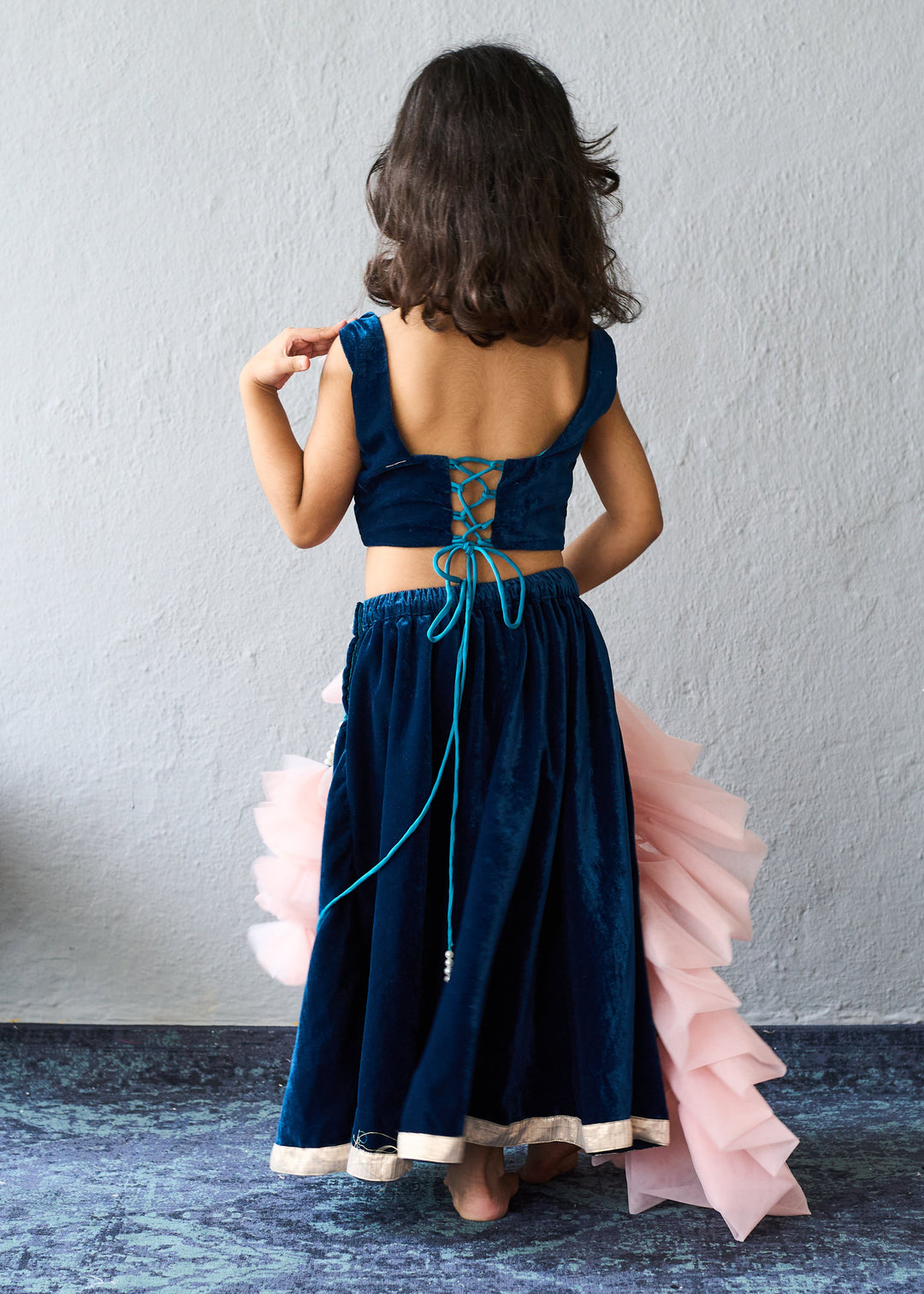 Navy Blue Velvet Embellished Ghagra Choli With Pink Dupatta Set