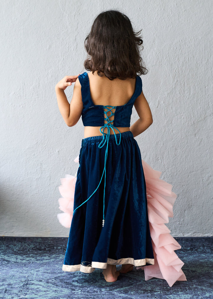 Navy Blue Velvet Embellished Ghagra Choli With Pink Dupatta Set