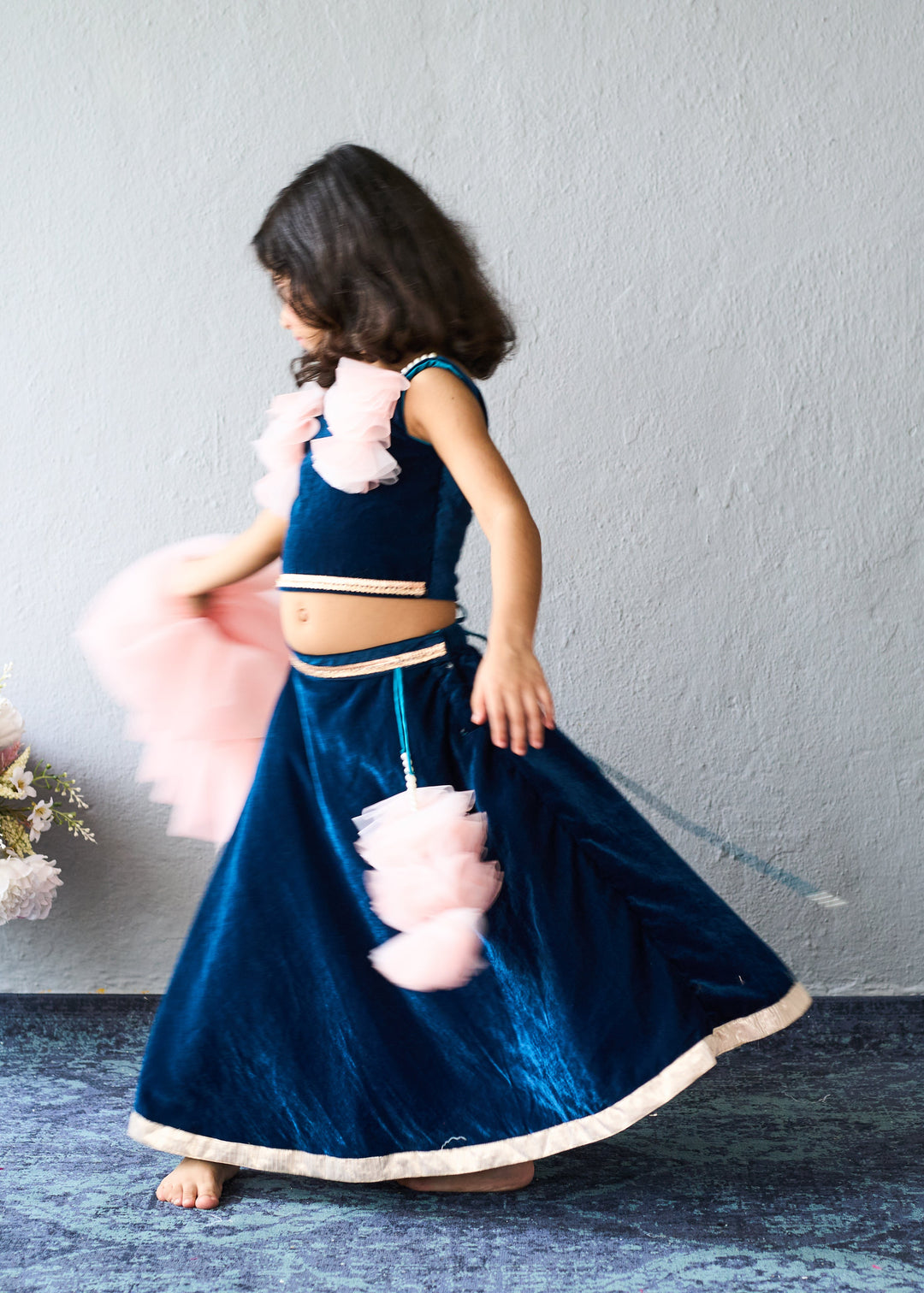 Navy Blue Velvet Embellished Ghagra Choli With Pink Dupatta Set