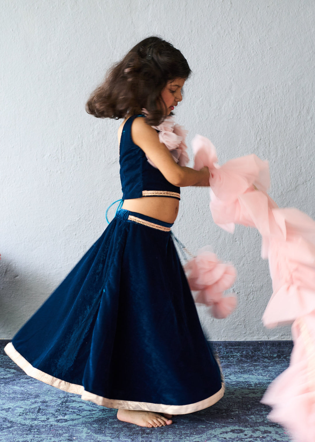 Navy Blue Velvet Embellished Ghagra Choli With Pink Dupatta Set