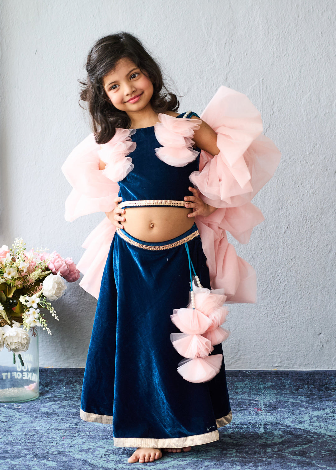 Navy Blue Velvet Embellished Ghagra Choli With Pink Dupatta Set