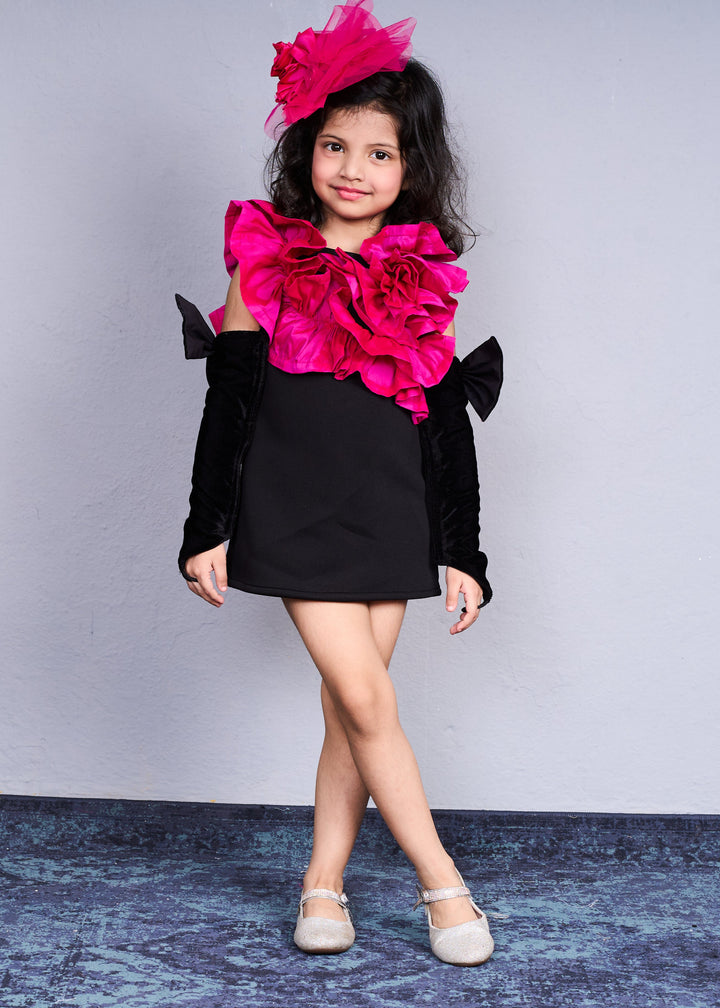 Trendy Black With Bold Pink Ruffles Dress