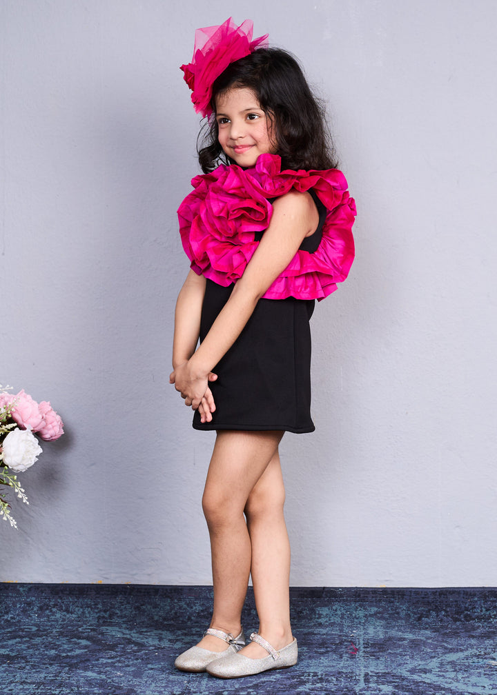 Trendy Black With Bold Pink Ruffles Dress