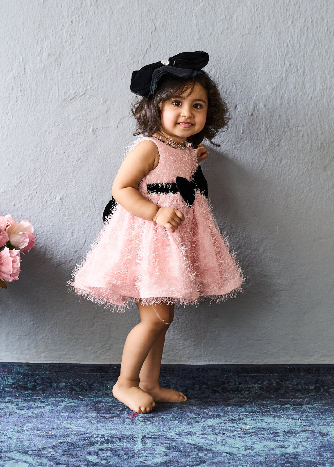 Light Pink With Black Velvet Bow Dress