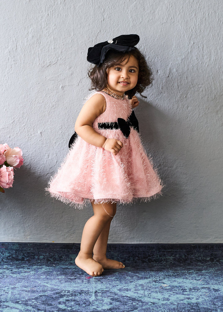 Light Pink With Black Velvet Bow Dress