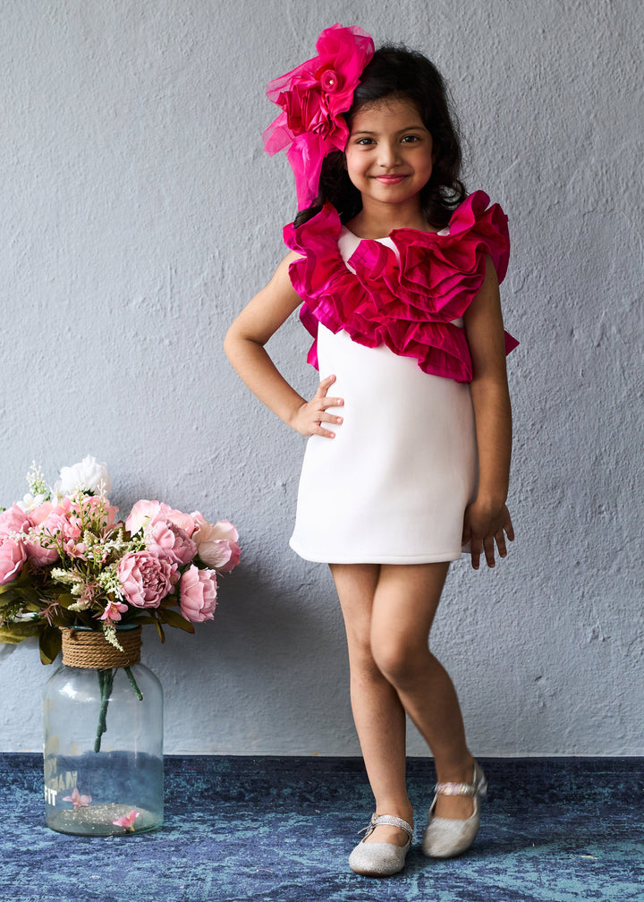 Trendy White With Bold Pink Ruffles Dress