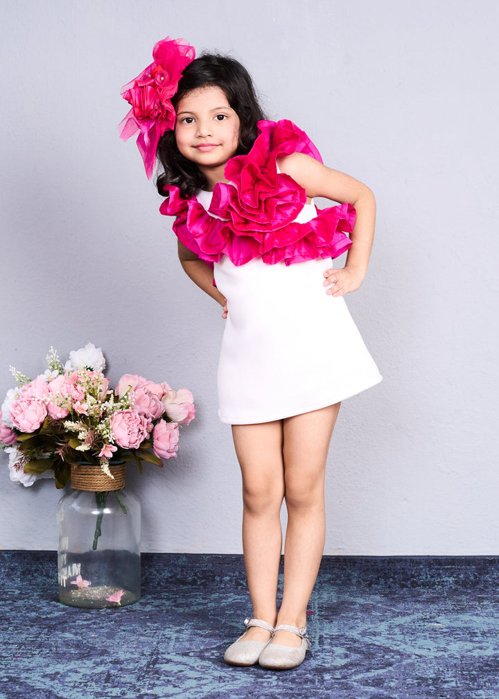 Trendy White With Bold Pink Ruffles Dress