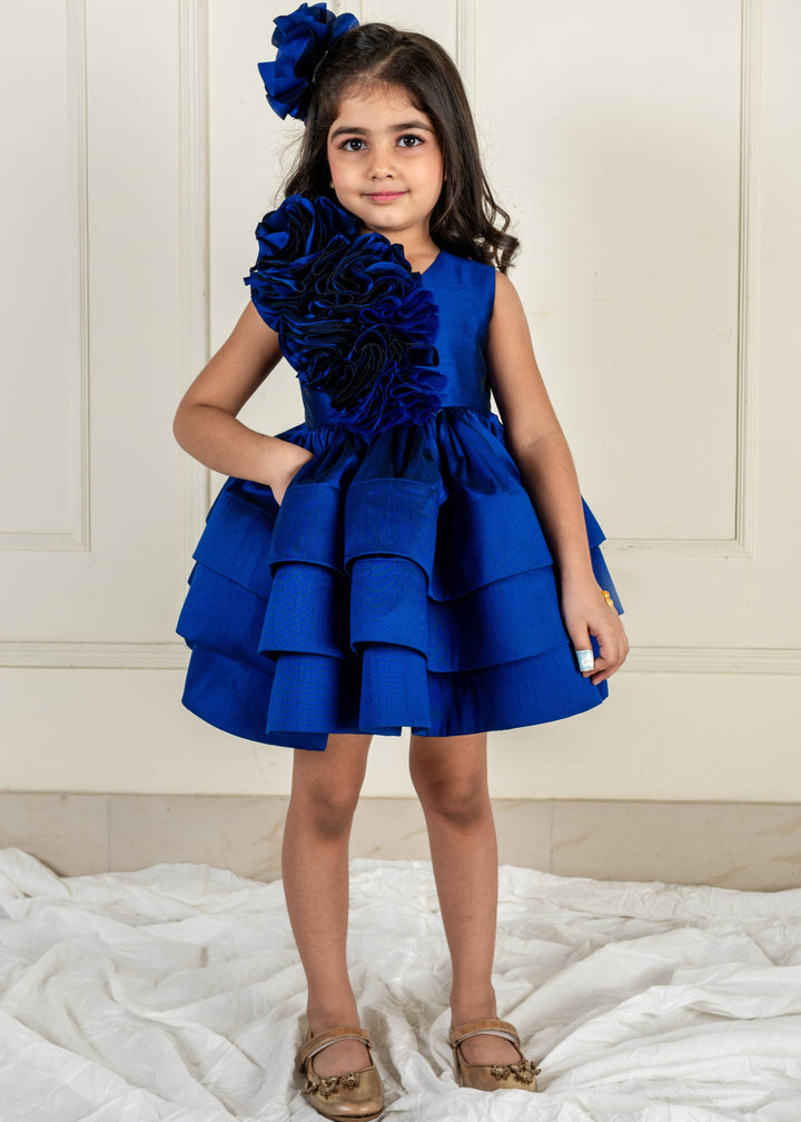 Royal Blue Ruched Rose Ruffle Dress