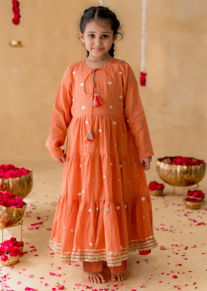 Orange Heart Motifs Meher Tiered Malmal Kurta With Pyjama Set