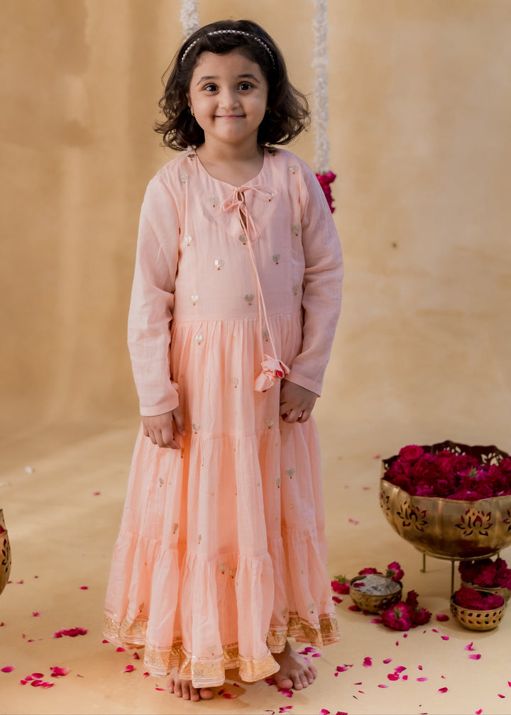 Pink Heart Motifs Meher Tiered Malmal Kurta With Pyjama Set