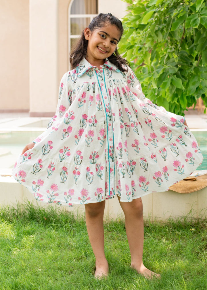 White And Blue Hand Block Cotton Printed Daisy Dress