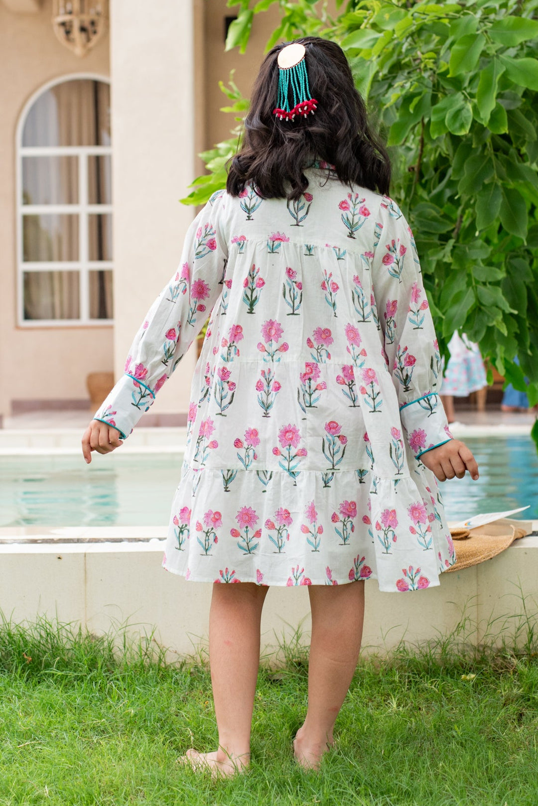 White And Blue Hand Block Cotton Printed Daisy Dress