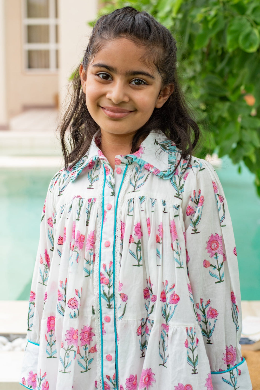 White And Blue Hand Block Cotton Printed Daisy Dress
