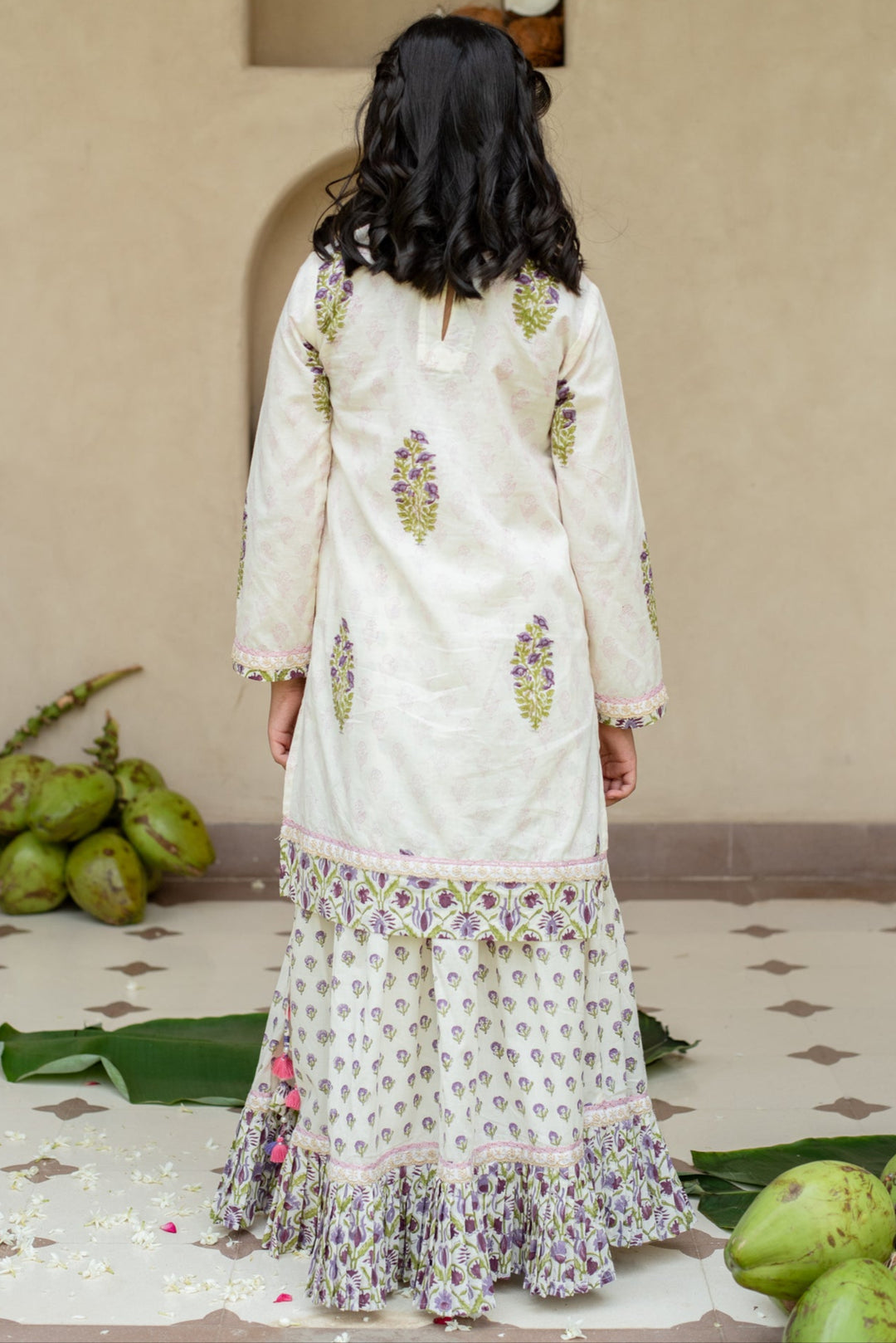 Purple Jamuni Floral Cotton Printed  Kurta Lehenga With Dupatta Set