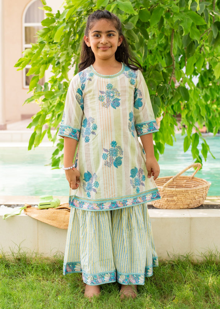 Blue Hand Block Printed Cotton Kurta With Sharara Set