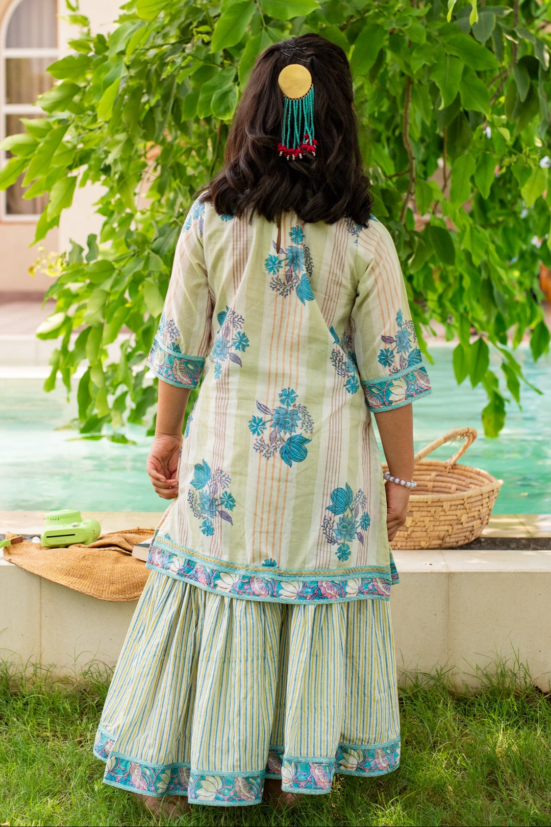 Blue Hand Block Printed Cotton Kurta With Sharara Set
