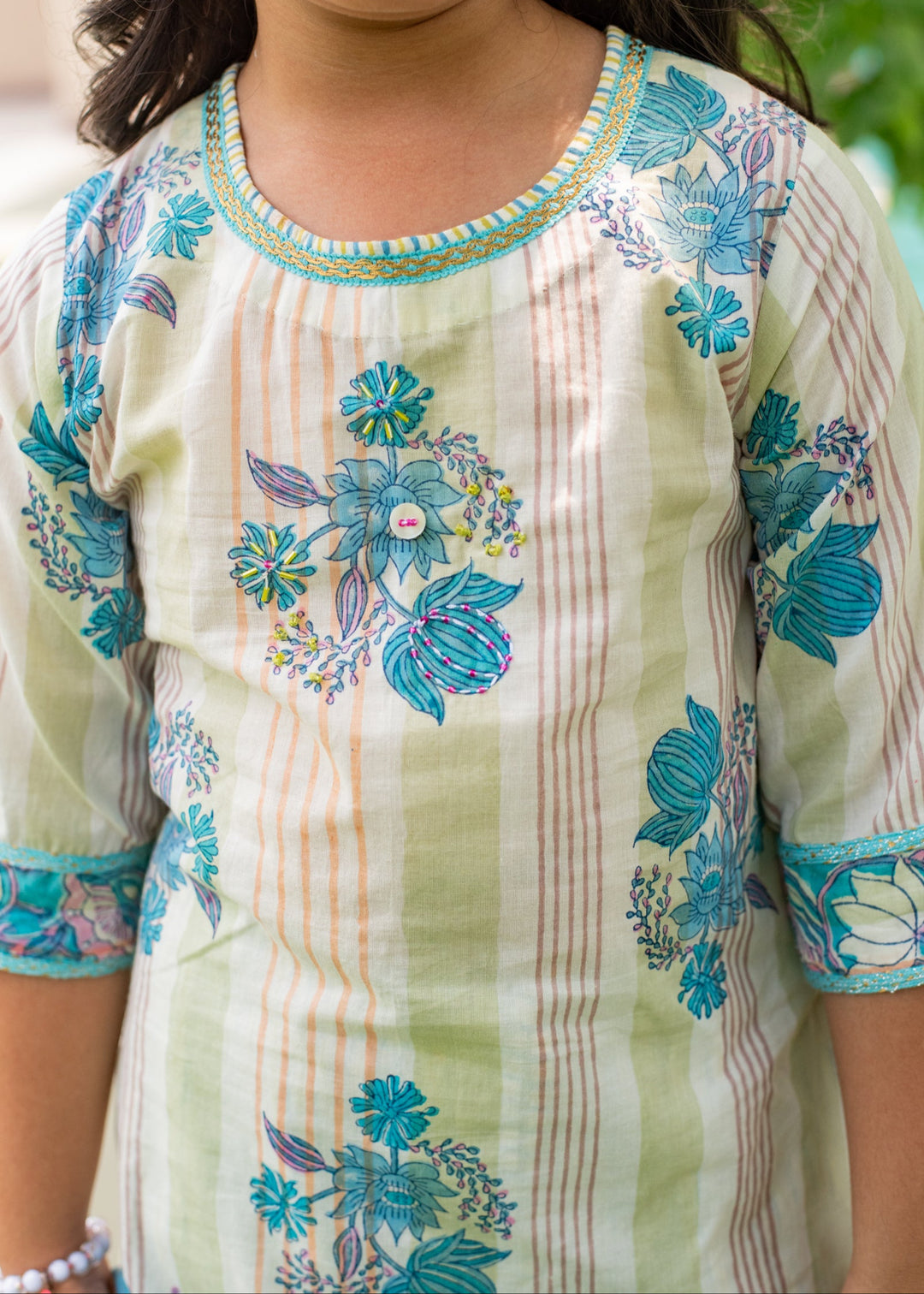 Blue Hand Block Printed Cotton Kurta With Sharara Set